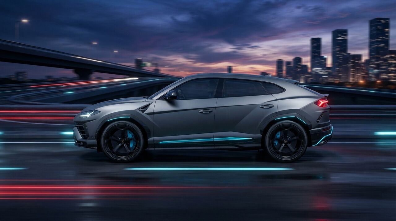 Lamborghini Urus cinza em movimento numa avenida da cidade ao anoitecer
