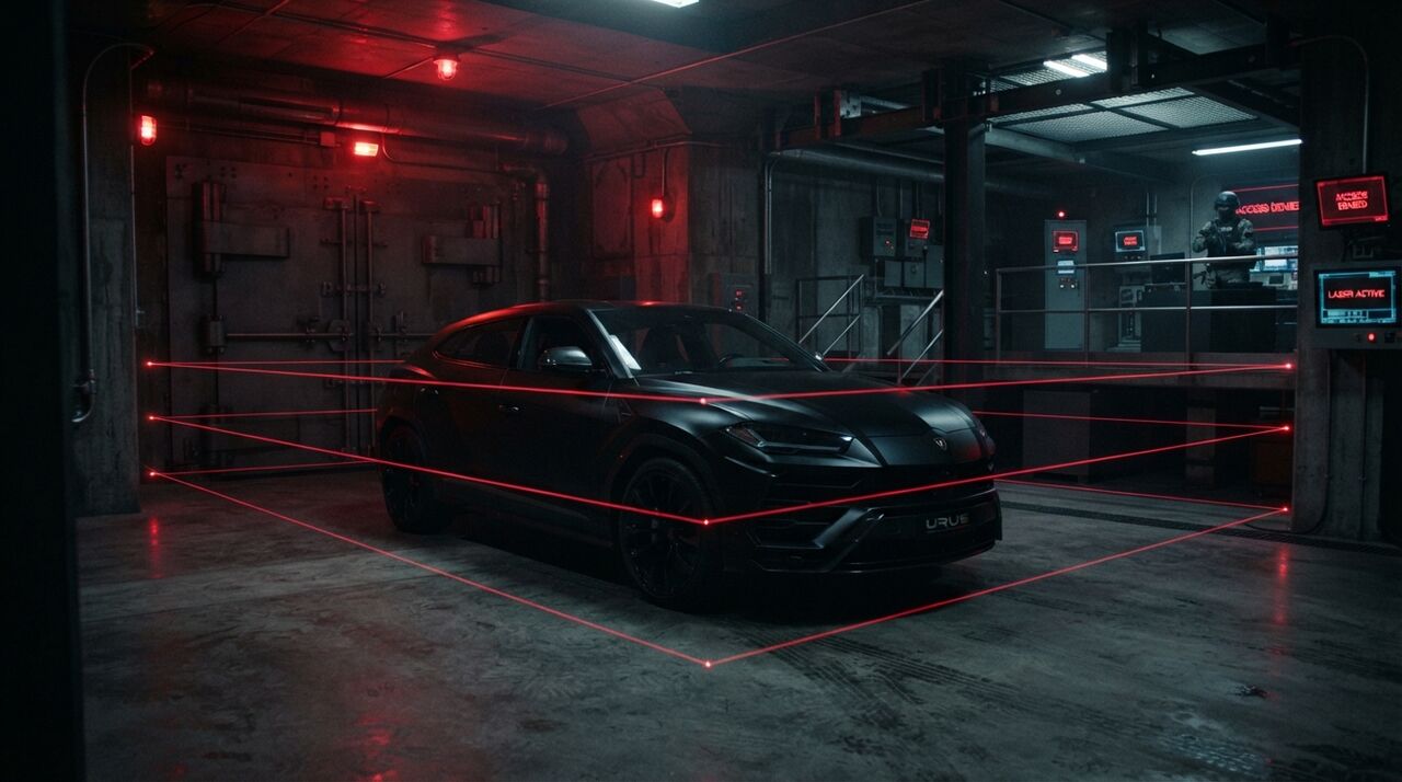 Lamborghini Urus preto numa garagem escura cruzada por feixes de laser vermelhos